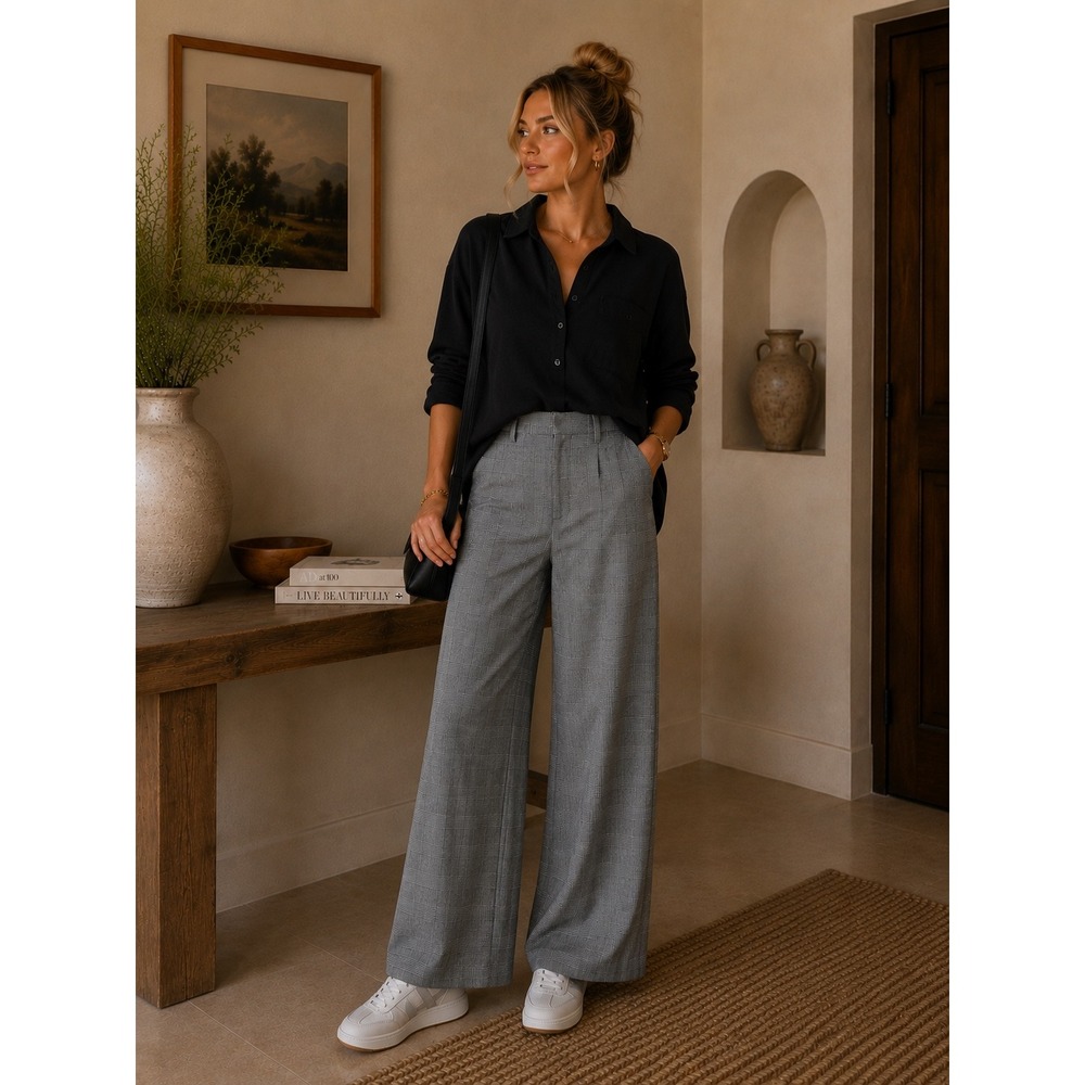LOFT Womens Grey Glen Plaid Wide Leg High Rise Career Trousers Pants Size 4